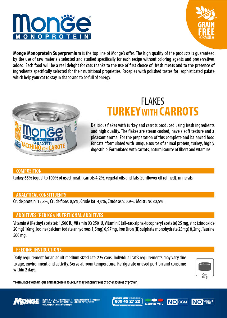 Monge Monoprotein 頂級單一蛋白系列 - TURKEY Flakes with Carrots [[Tacchino con Carote]] 無穀物火雞肉+胡蘿蔔主食罐 80g (銀橙)