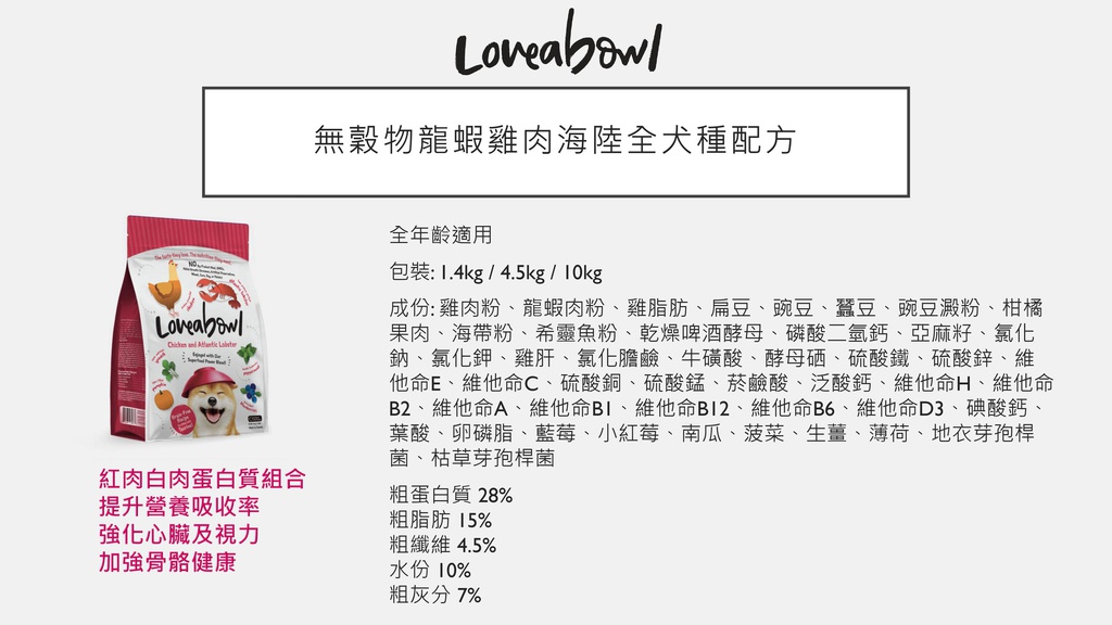 Loveabowl Dog 無穀物龍蝦雞肉海陸 全犬種配方 10kg(訂貨需時5-7天)