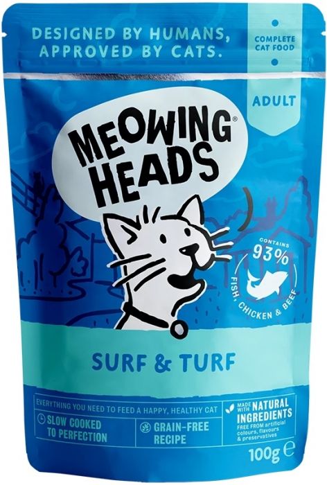 Meowing Heads貓頭-全配方無穀物貓用主食濕糧系列 成貓配方  [[ 藍濕包 ]] Surf & Turf 100g 沙甸魚+吞拿魚+&雞肉+草飼牛