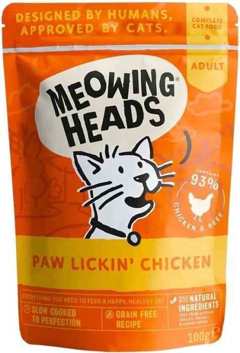  Meowing Heads貓頭-全配方無穀物貓用主食濕糧系列 成貓配方  [[ 橙濕包 ]] Paw Lickin’ Chicken 放養雞肉+草飼牛 100g