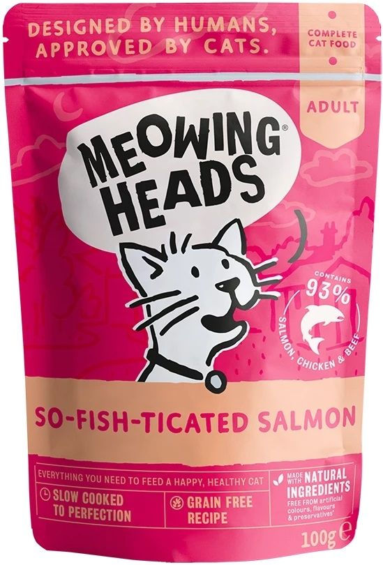 Meowing Heads貓頭-全配方無穀物貓用主食濕糧系列 成貓配方  [[ 粉濕包 ]] So-Fish-Ticated Salmon 三文魚+雞肉+草飼牛 100g