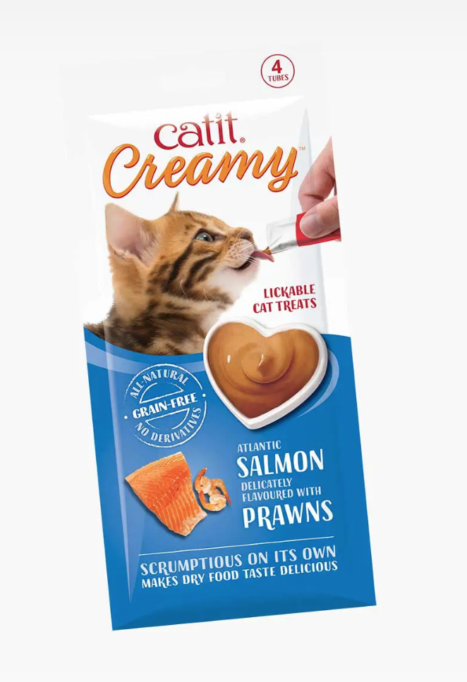 Catit Creamy Grain-Free SALMON and PRAWNS Cat Treats-Taurine added (4X10g) 無穀物天然營養三文魚+蝦醬貓小食 - 添加牛磺酸 (4X10克) 