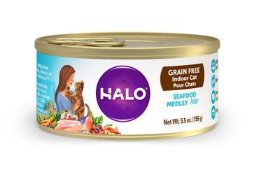 [斷貨中, 未有返貨日期, 可訂貨等貨到] HALO 貓罐頭 Indoor Seafood Medley Pate 5.5OZ 健美體態海鮮大雜燴主食罐 50004